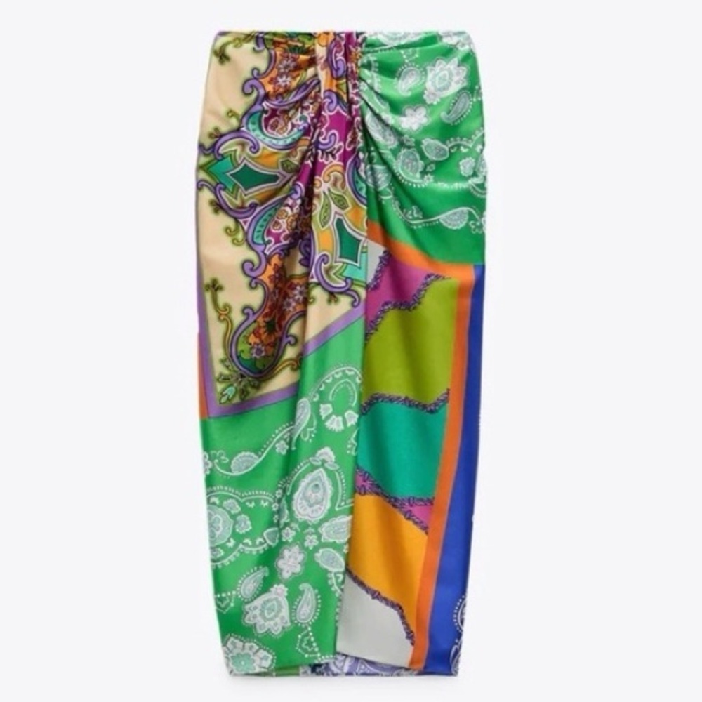 Zara Satin Paisley Knotted Skirt - Picture 2 of 5